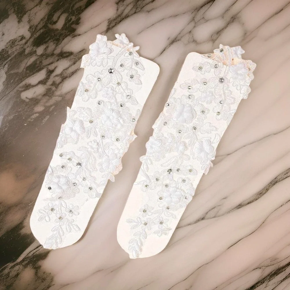 New White Lace Bridal Gloves Floral Rhinestone Arm Covers Wedding
